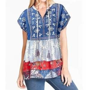 NEW JOHN MARK embroidered tassle mixed print top in blue and white